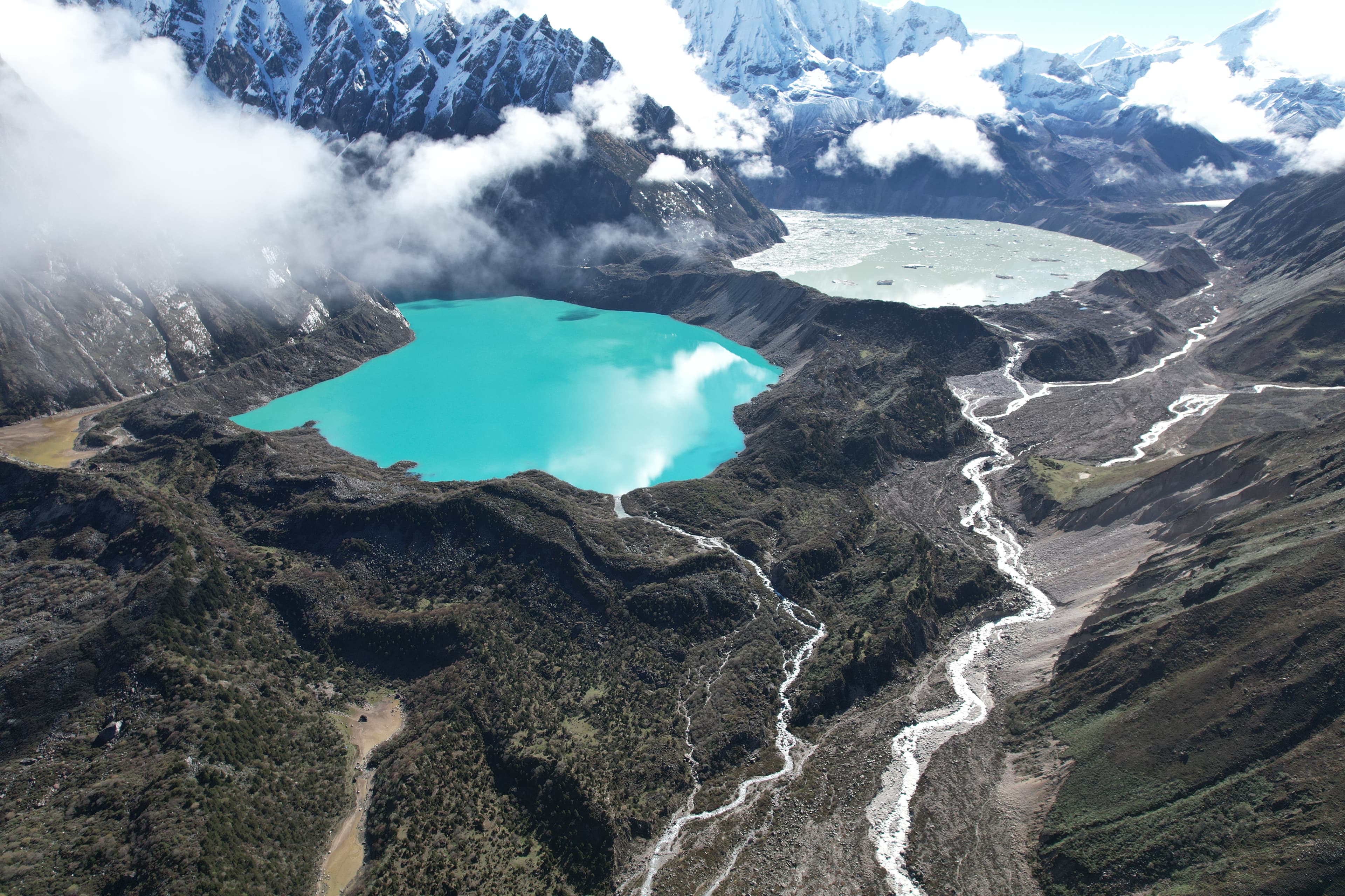 Aerial view of Himalayan glacier lakes
